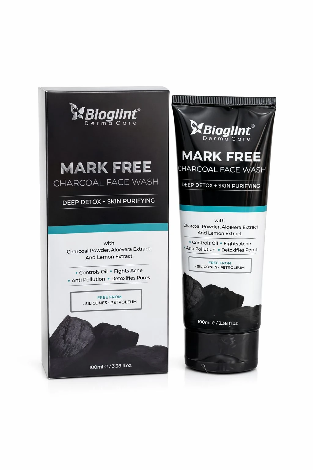 Bioglint Mark Free Charcoal Face Wash with Charcoal Powder, Aloe Vera and Lemon Extract